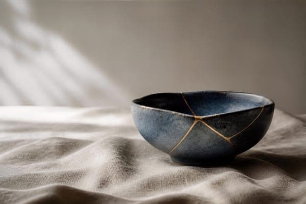 A kintsugi-inspired bowl repaired with gold seams