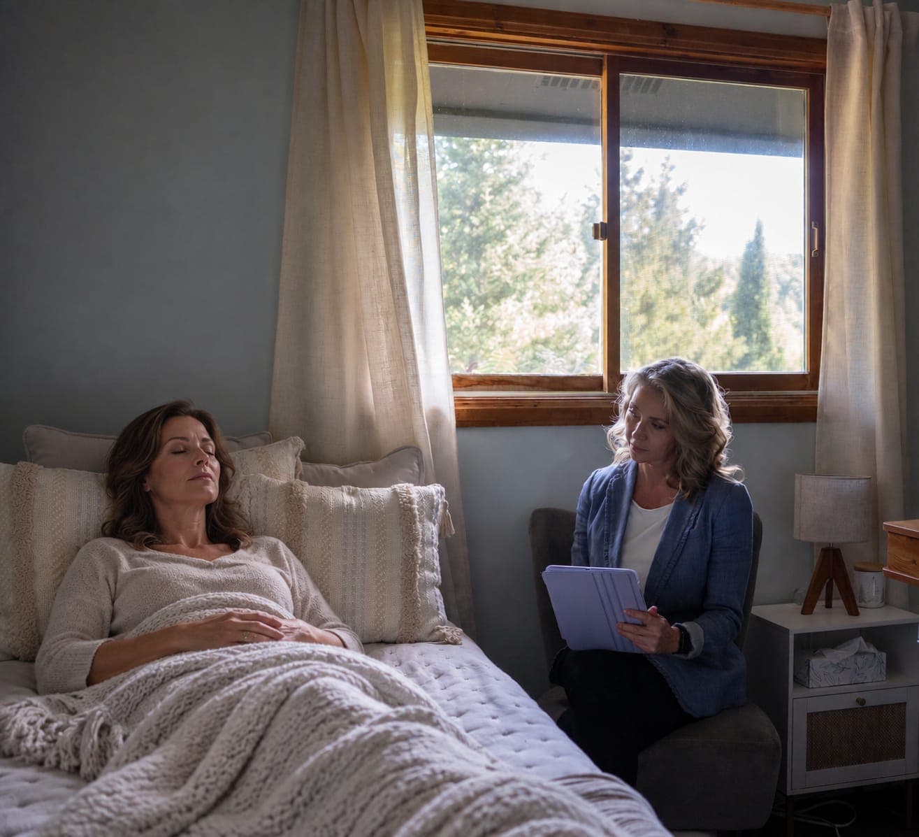 Illustration of a calm treatment room: a person resting under a blanket while a practitioner sits nearby with a notepad